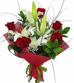 1 dal kazablanka 5 kırmızı gül buketi  Çanakkale çiçek , çiçekçi , çiçekçilik 